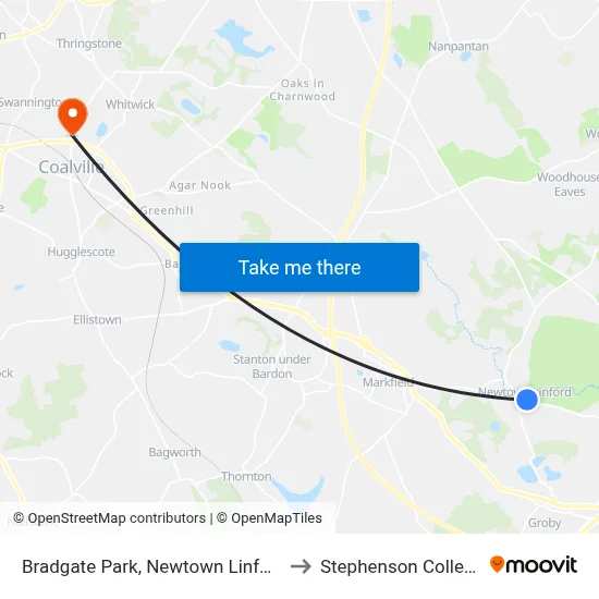 Bradgate Park, Newtown Linford to Stephenson College map