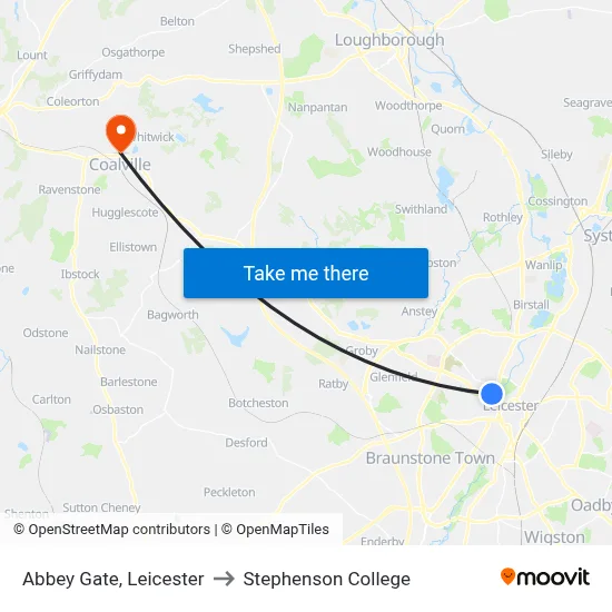 Abbey Gate, Leicester to Stephenson College map