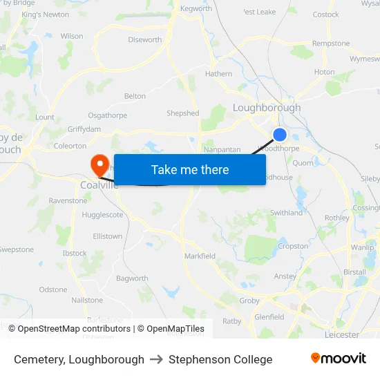 Cemetery, Loughborough to Stephenson College map