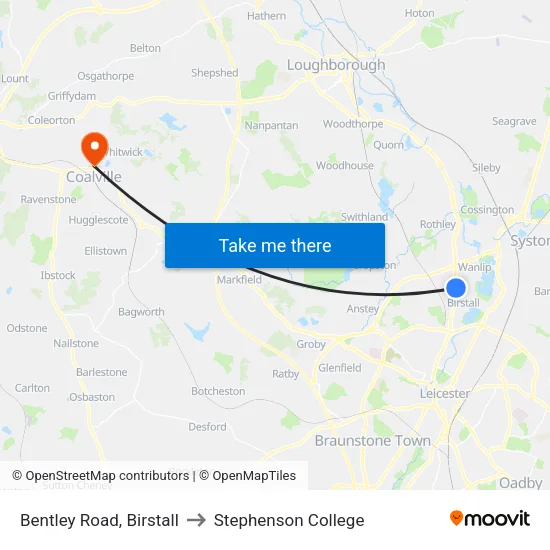 Bentley Road, Birstall to Stephenson College map