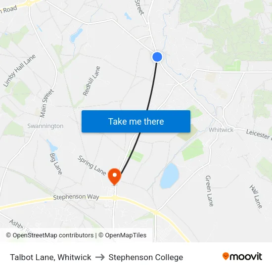 Talbot Lane, Whitwick to Stephenson College map