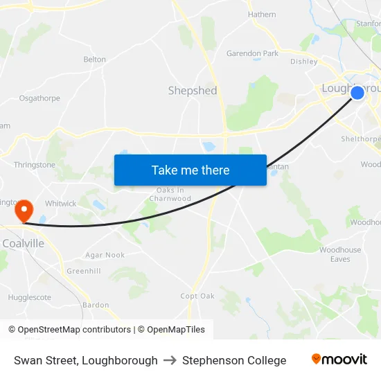 Swan Street, Loughborough to Stephenson College map