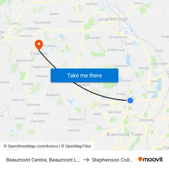 Beaumont Centre, Beaumont Leys to Stephenson College map