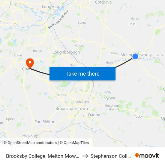 Brooksby College, Melton Mowbray to Stephenson College map