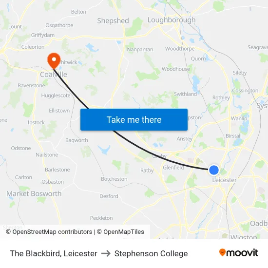 The Blackbird, Leicester to Stephenson College map