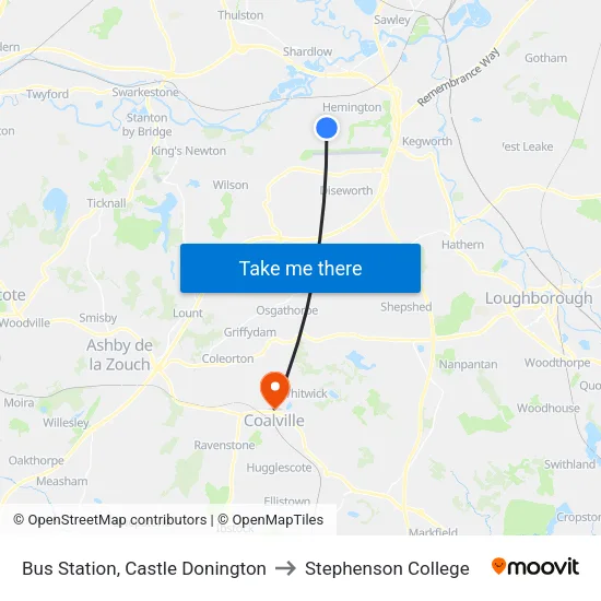 Bus Station, Castle Donington to Stephenson College map