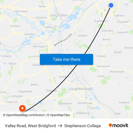 Valley Road, West Bridgford to Stephenson College map