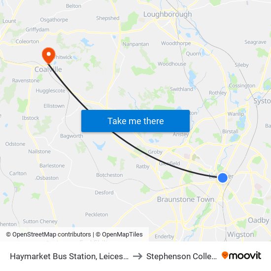 Haymarket Bus Station, Leicester to Stephenson College map