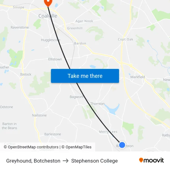 Greyhound, Botcheston to Stephenson College map