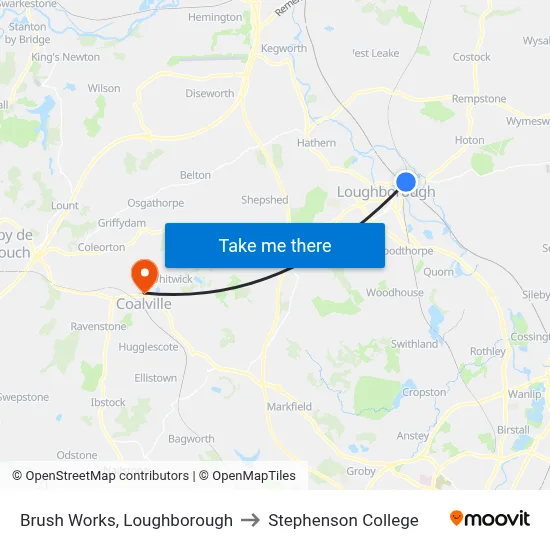 Brush Works, Loughborough to Stephenson College map