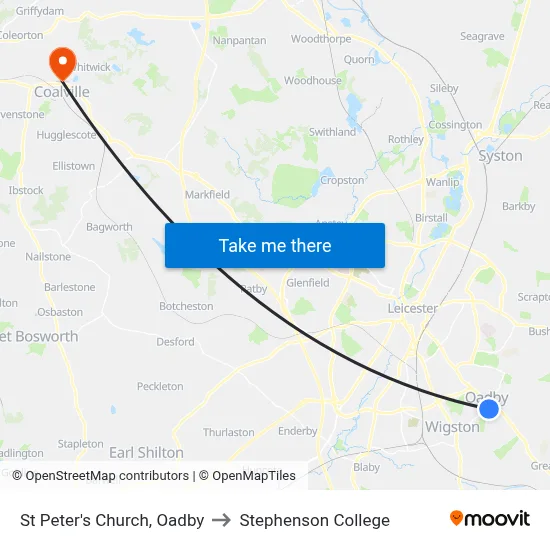 St Peter's Church, Oadby to Stephenson College map