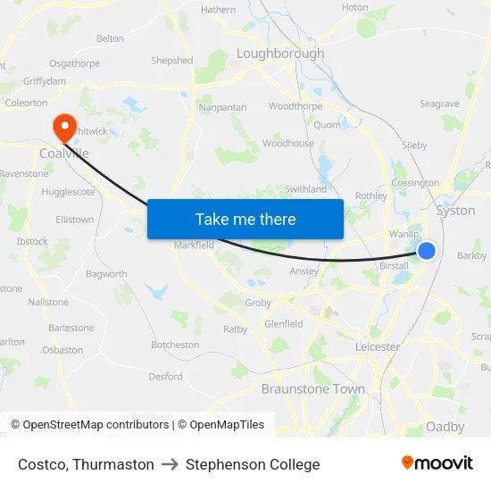 Costco, Thurmaston to Stephenson College map