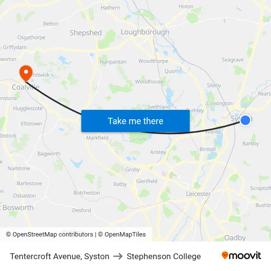 Tentercroft Avenue, Syston to Stephenson College map