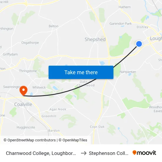 Charnwood College, Loughborough to Stephenson College map