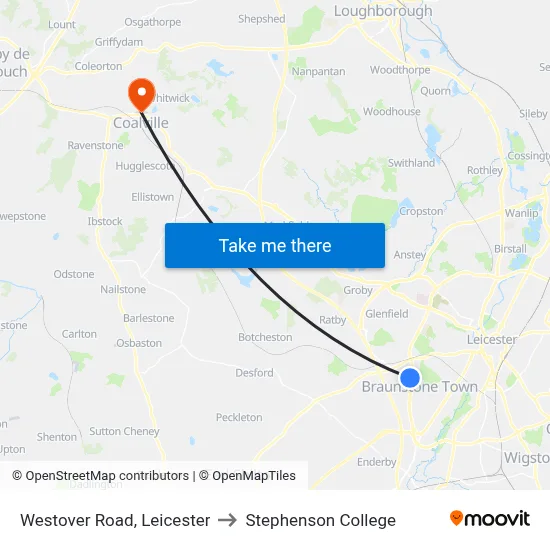 Westover Road, Leicester to Stephenson College map