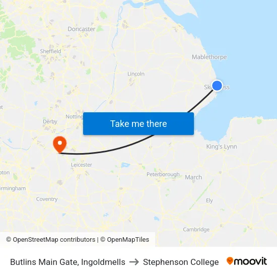 Butlins Main Gate, Ingoldmells to Stephenson College map