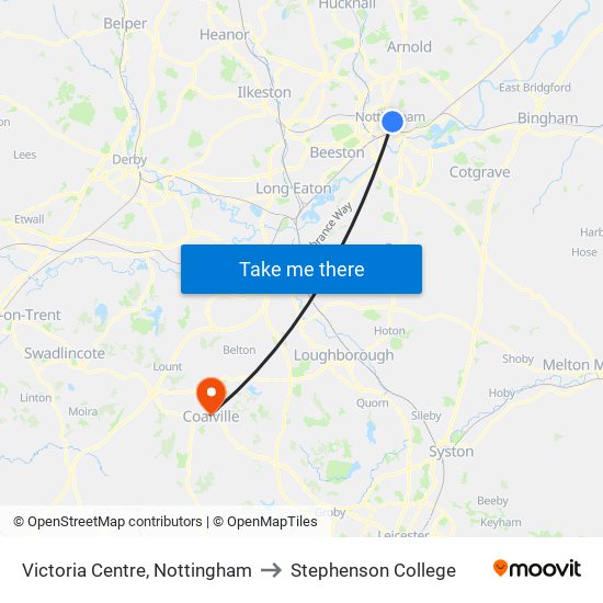 Victoria Centre, Nottingham to Stephenson College map