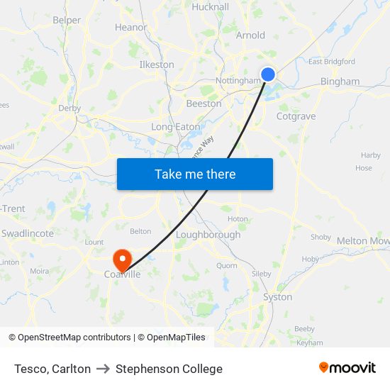 Tesco, Carlton to Stephenson College map