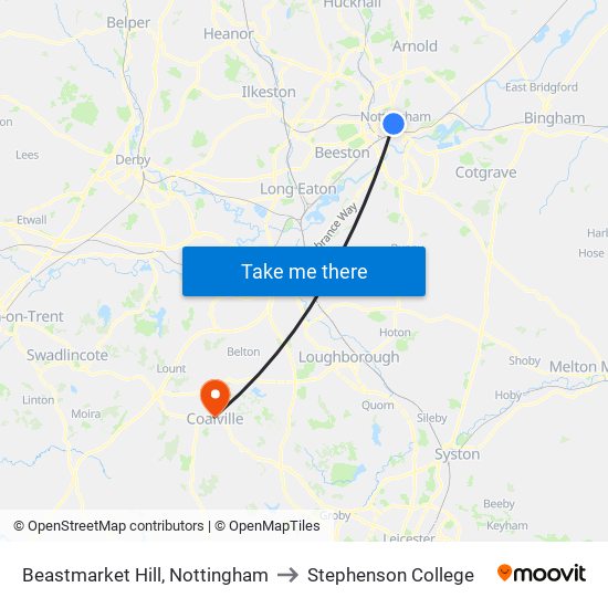 Beastmarket Hill, Nottingham to Stephenson College map