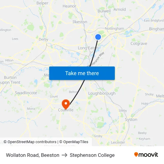 Wollaton Road, Beeston to Stephenson College map