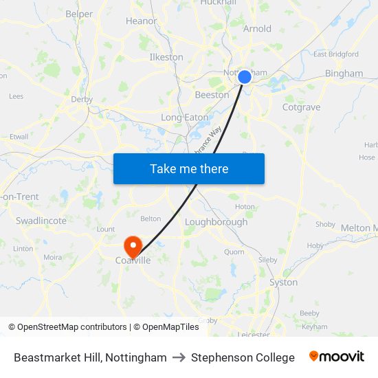 Beastmarket Hill, Nottingham to Stephenson College map