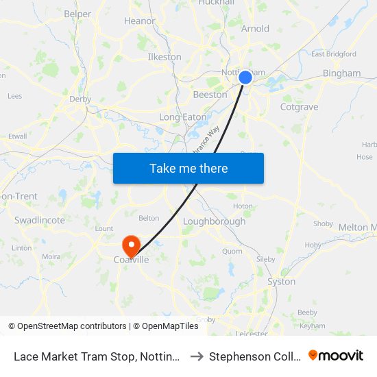 Lace Market Tram Stop, Nottingham to Stephenson College map