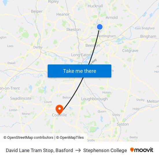 David Lane Tram Stop, Basford to Stephenson College map