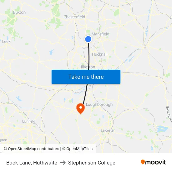 Back Lane, Huthwaite to Stephenson College map