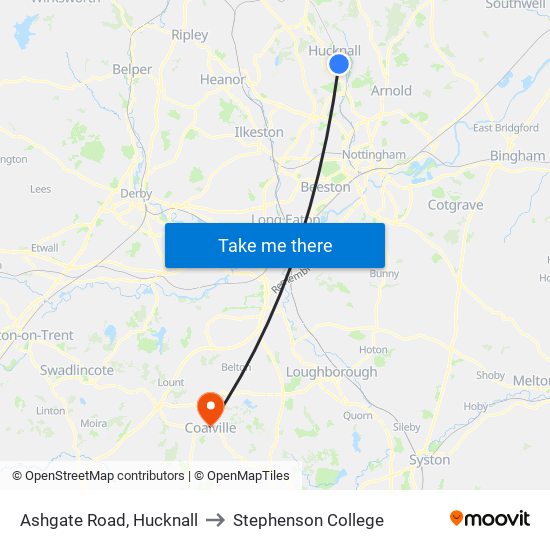 Ashgate Road, Hucknall to Stephenson College map