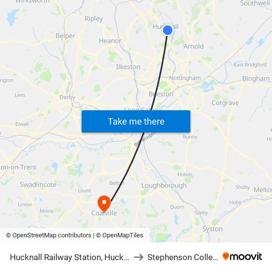 Hucknall Railway Station, Hucknall to Stephenson College map