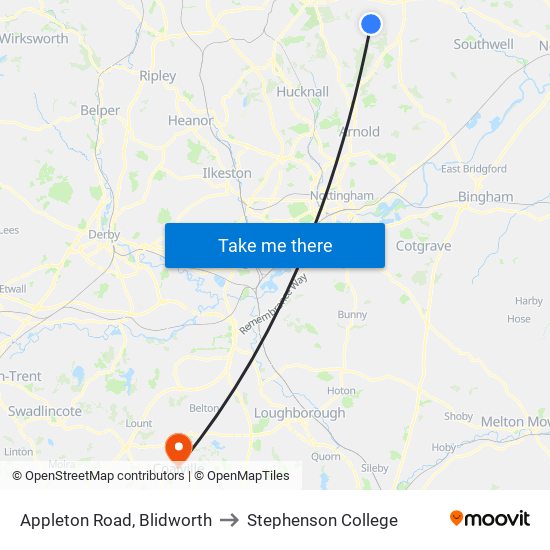 Appleton Road, Blidworth to Stephenson College map