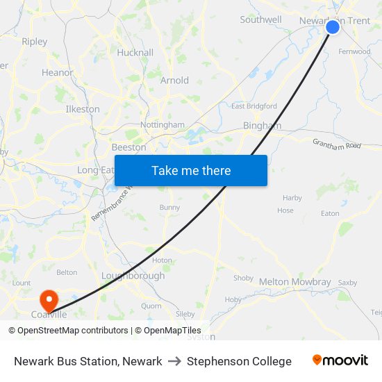 Newark Bus Station, Newark to Stephenson College map