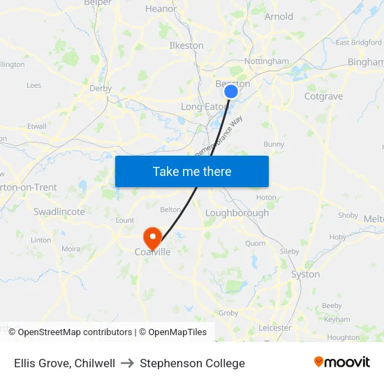 Ellis Grove, Chilwell to Stephenson College map