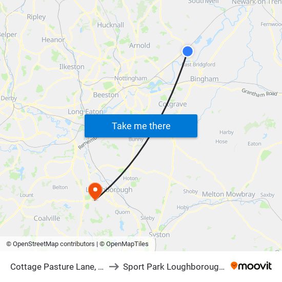 Cottage Pasture Lane, Gunthorpe to Sport Park Loughborough University map