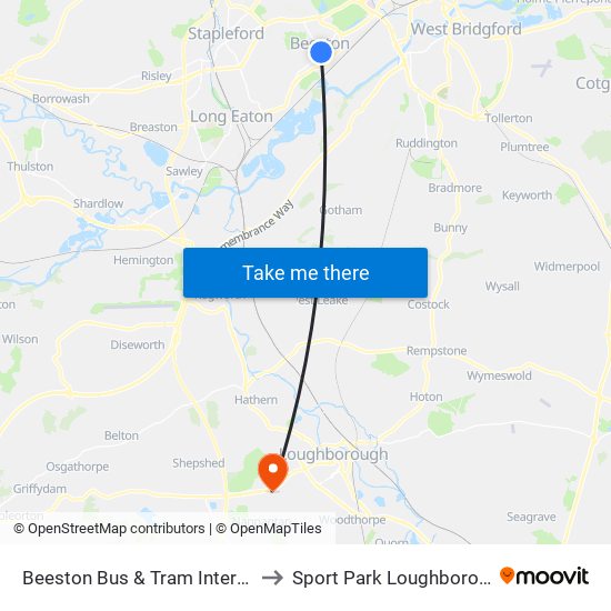 Beeston Bus & Tram Interchange, Beeston to Sport Park Loughborough University map