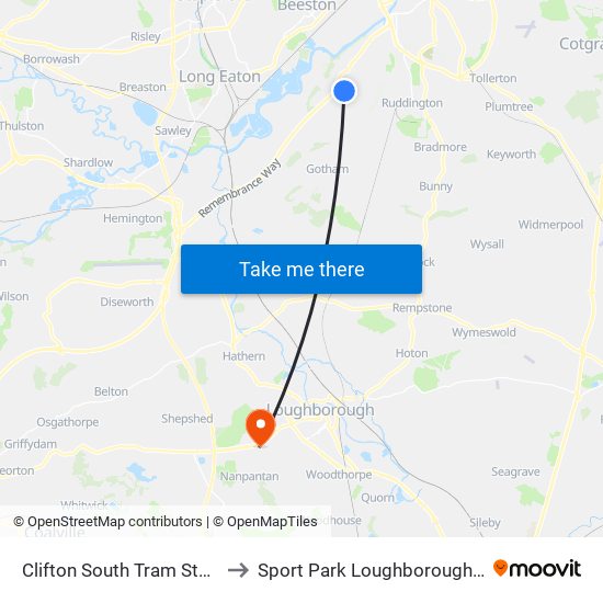 Clifton South Tram Stop, Clifton to Sport Park Loughborough University map