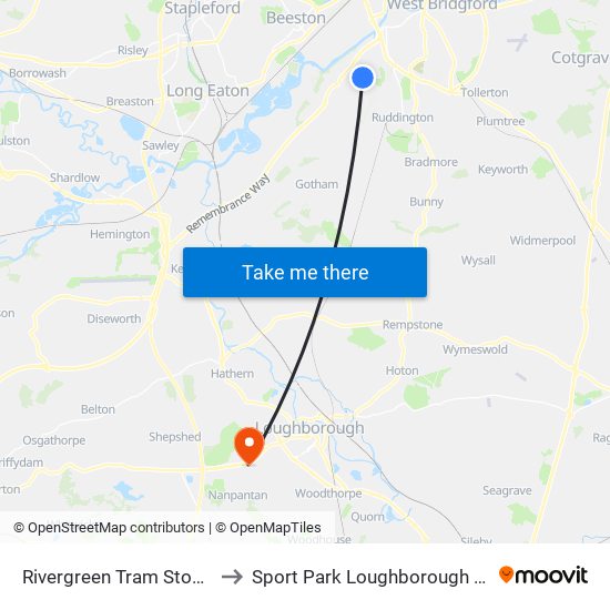 Rivergreen Tram Stop, Clifton to Sport Park Loughborough University map