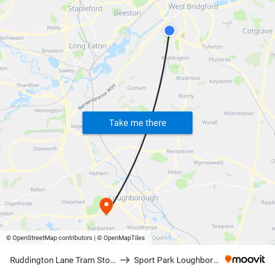 Ruddington Lane Tram Stop, Compton Acres to Sport Park Loughborough University map