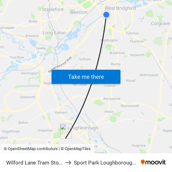 Wilford Lane Tram Stop, Wilford to Sport Park Loughborough University map