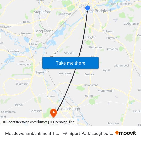 Meadows Embankment Tram Stop, Meadows to Sport Park Loughborough University map