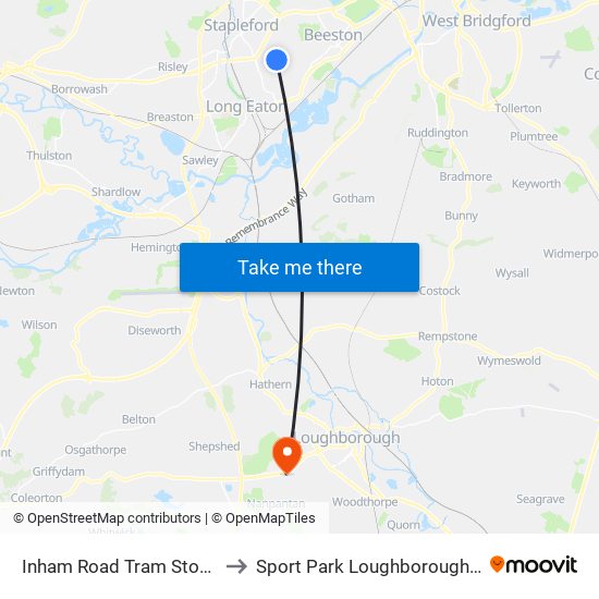 Inham Road Tram Stop, Chilwell to Sport Park Loughborough University map