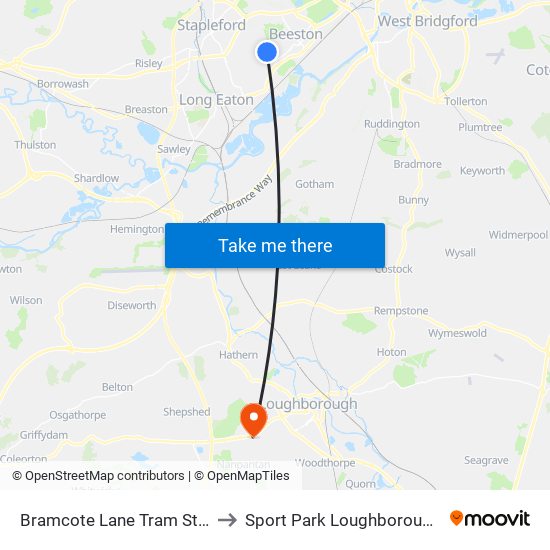Bramcote Lane Tram Stop, Chilwell to Sport Park Loughborough University map