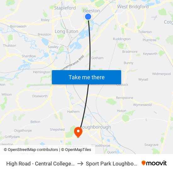 High Road - Central College Tram Stop, Chilwell to Sport Park Loughborough University map