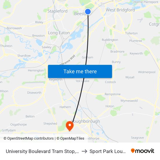 University Boulevard Tram Stop, Nottingham University Main Campus to Sport Park Loughborough University map