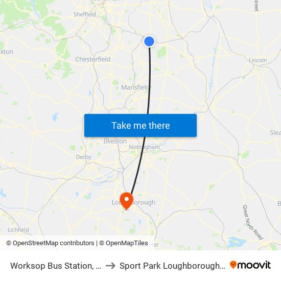 Worksop Bus Station, Worksop to Sport Park Loughborough University map