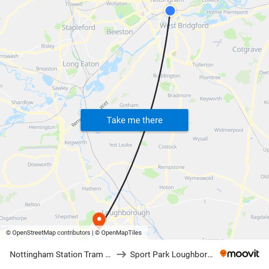 Nottingham Station Tram Stop, Nottingham to Sport Park Loughborough University map