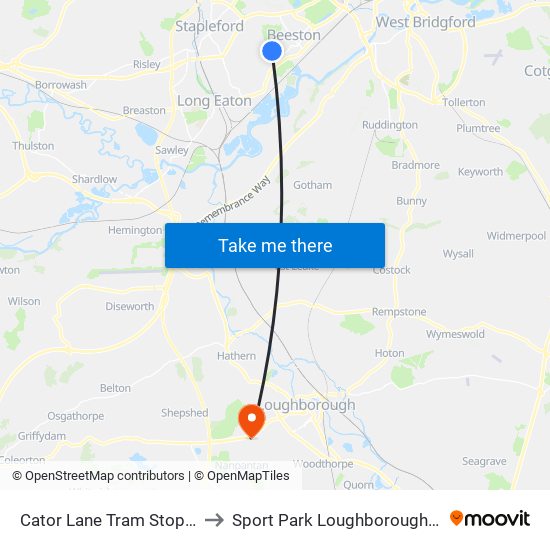 Cator Lane Tram Stop, Chilwell to Sport Park Loughborough University map