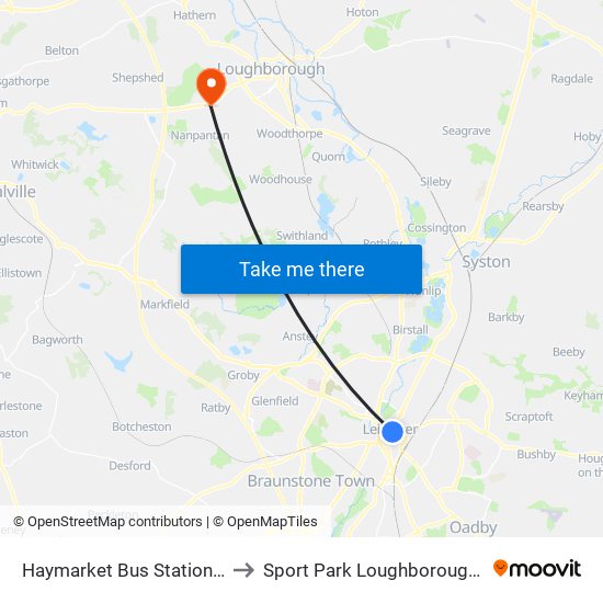 Haymarket Bus Station, Leicester to Sport Park Loughborough University map