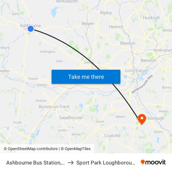 Ashbourne Bus Station, Ashbourne to Sport Park Loughborough University map