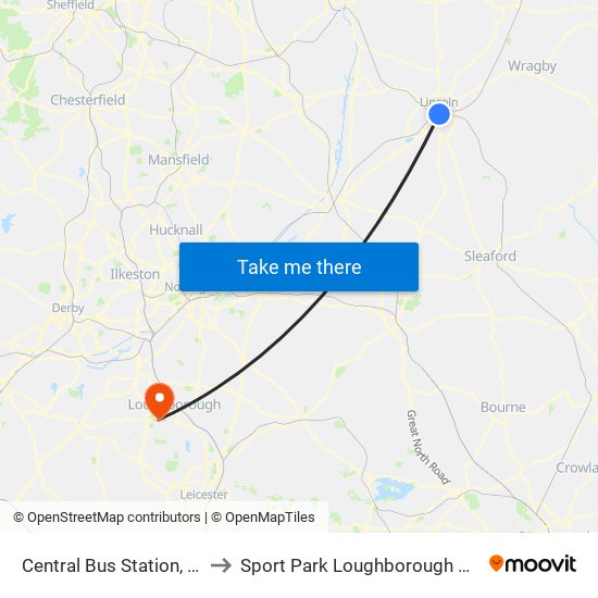 Central Bus Station, Lincoln to Sport Park Loughborough University map